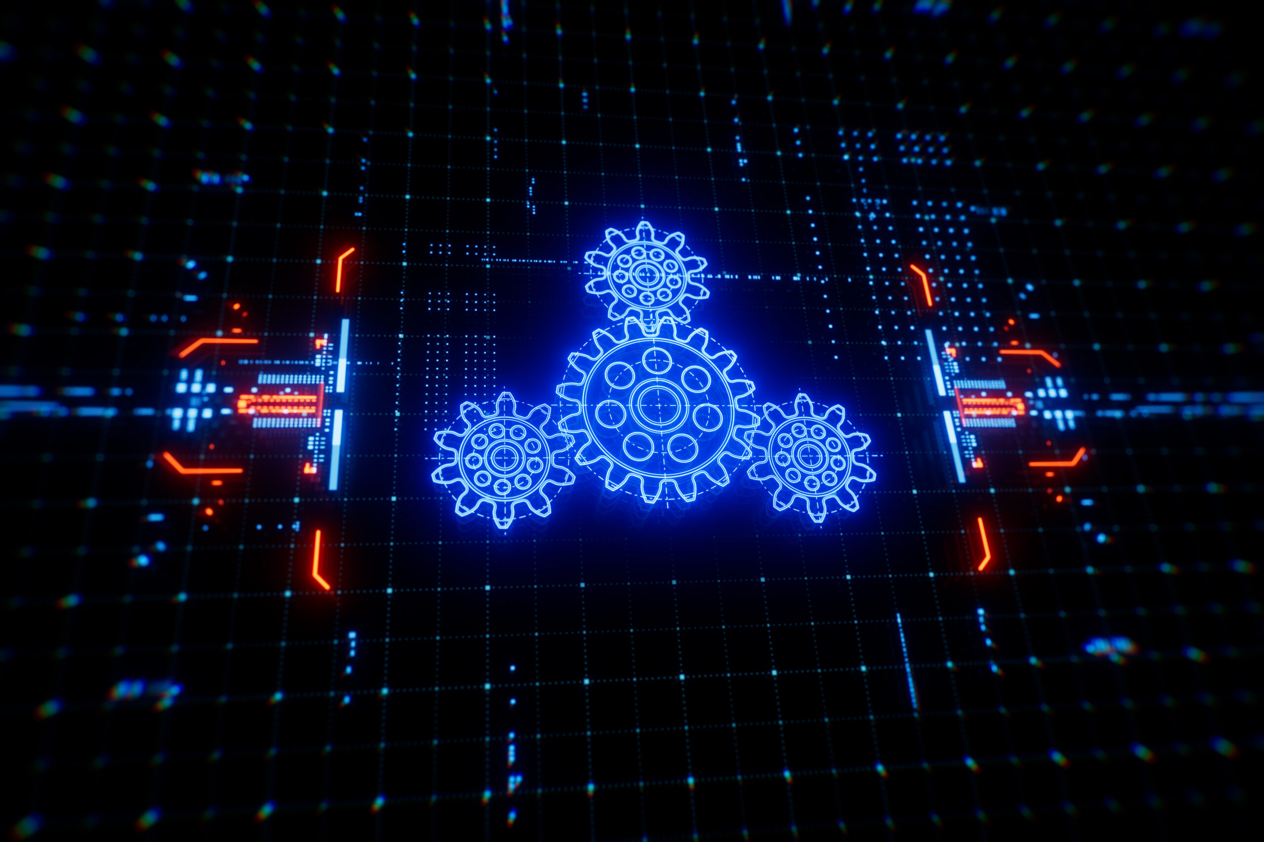 Home gears icon on a digital display with reflection.