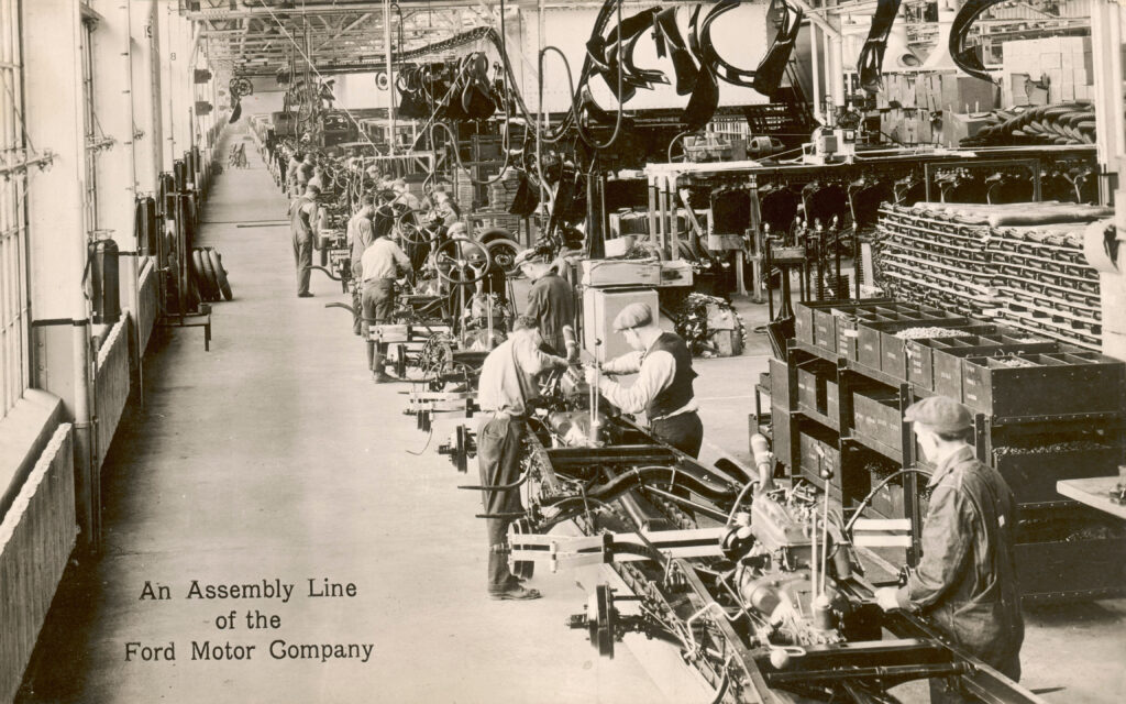 assembly line for cars, ford motor company, usa. date: circa 1920s