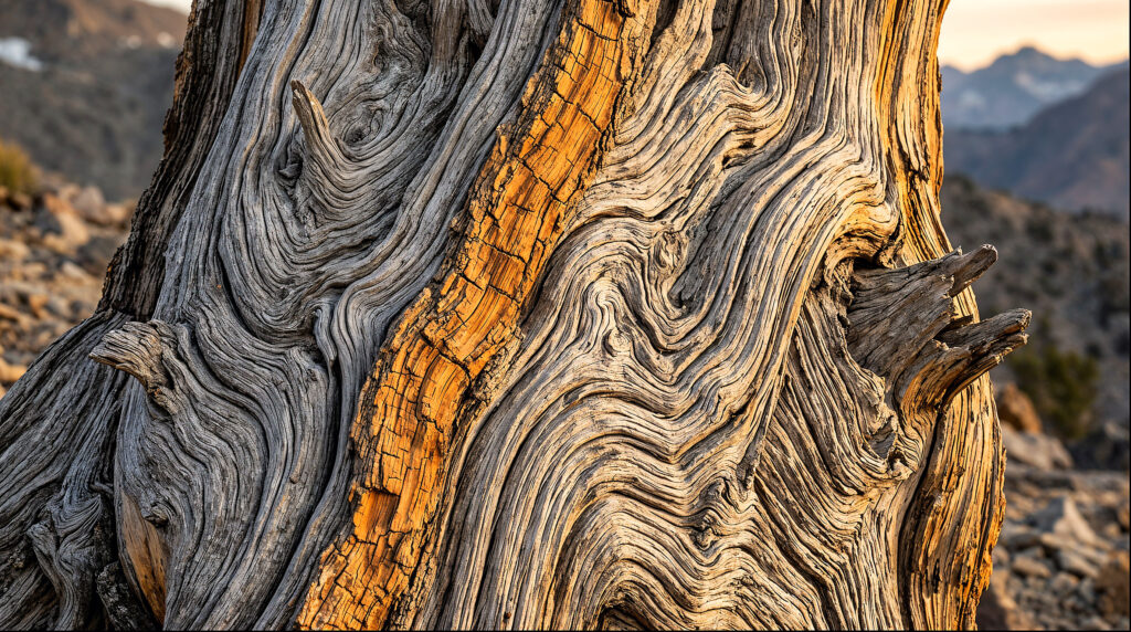 The swirling, weathered grain of an ancient twisted tree trunk filling the frame — endurance recorded in the wood of a tree that survived where others did not, a metaphor for staying with a platform long after the industry norm is to move on.